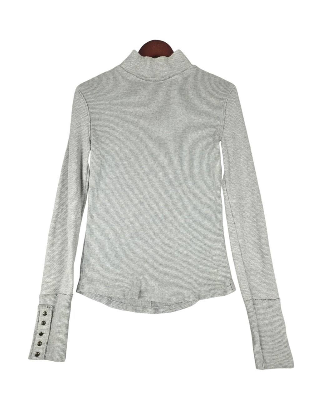 Free People We The Free JoJo Thermal Turtleneck Gray Ribbed Button Cuff Top M